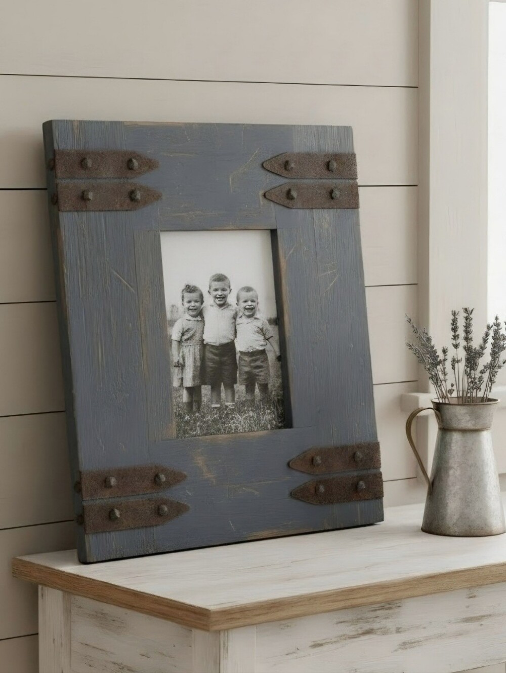 Rustic Vintage Blue Wooden Photo Frame with Distressed Metal Accents